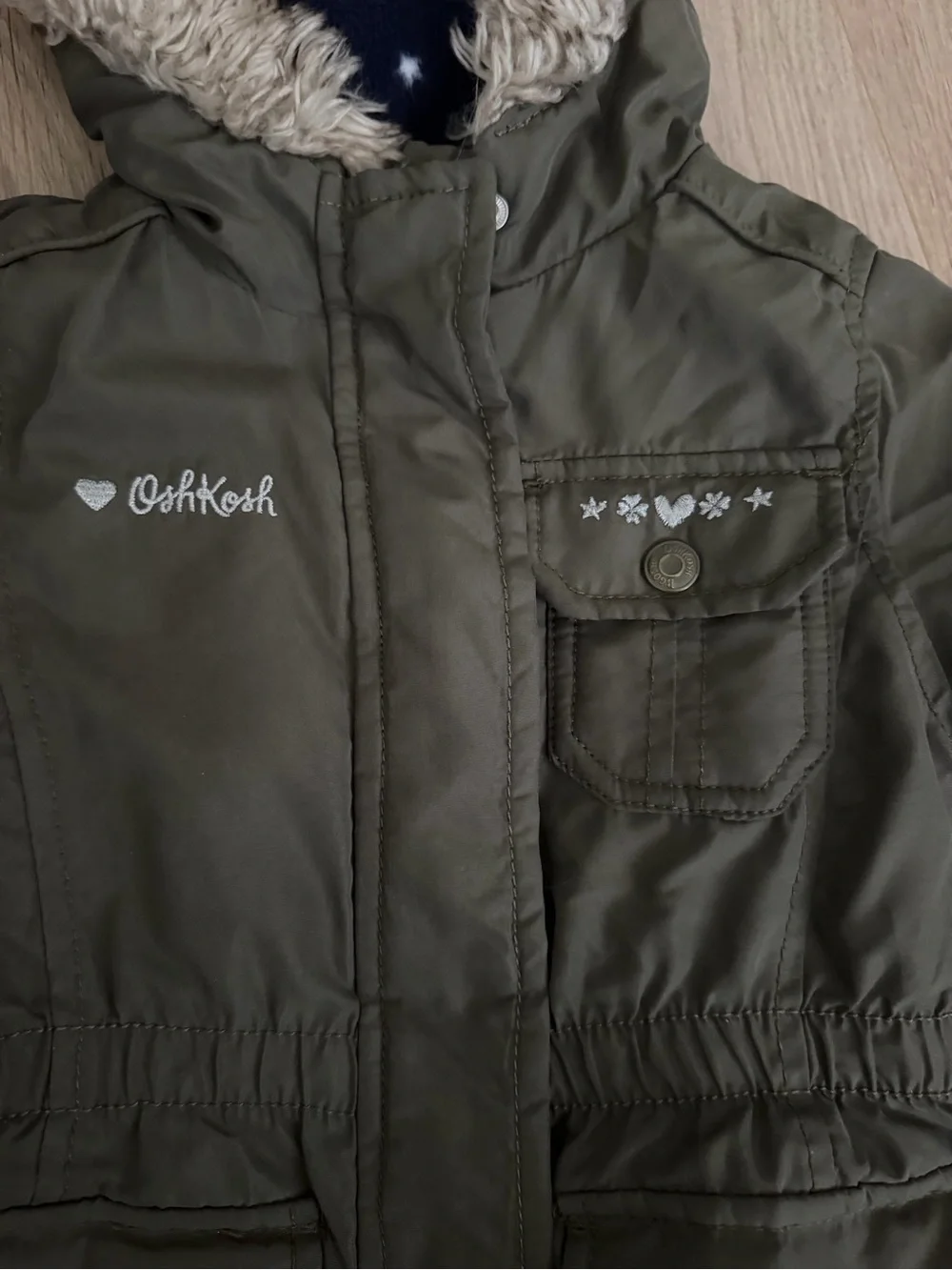 Girls Olive Green Hooded Winter Coat with Faux Fur Trim